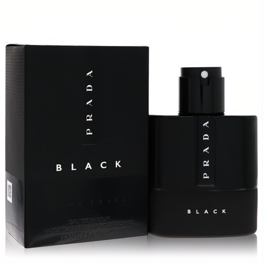 Prada Luna Rossa Black 1.7 oz men's Eau De Parfum spray. Elegant matte black bottle and box, featuring crisp white branding.