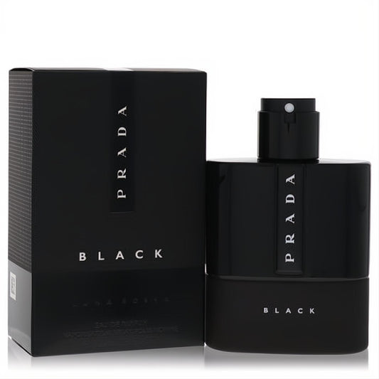Sophisticated Prada Luna Rossa Black men's Eau De Parfum. Sleek black bottle with matte base, glossy top, and matching box.