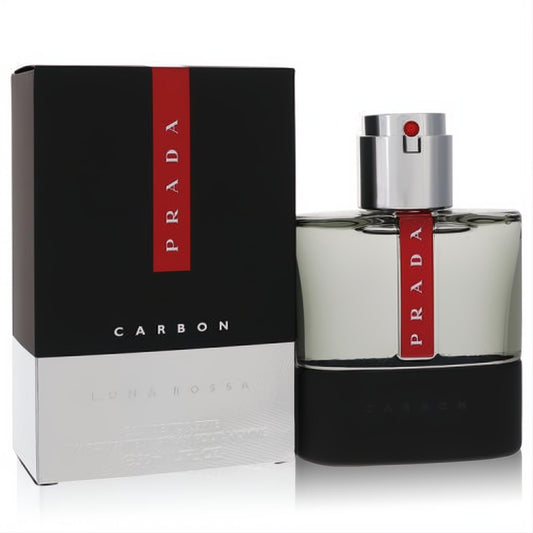 Prada Luna Rossa Carbon 1.7 oz men's EDT spray. Sleek black, silver, and red bottle with clear glass and matching box.