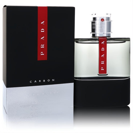 Prada Luna Rossa Carbon men's 5.1 oz cologne. Sleek black and clear bottle with iconic red stripe and silver cap.