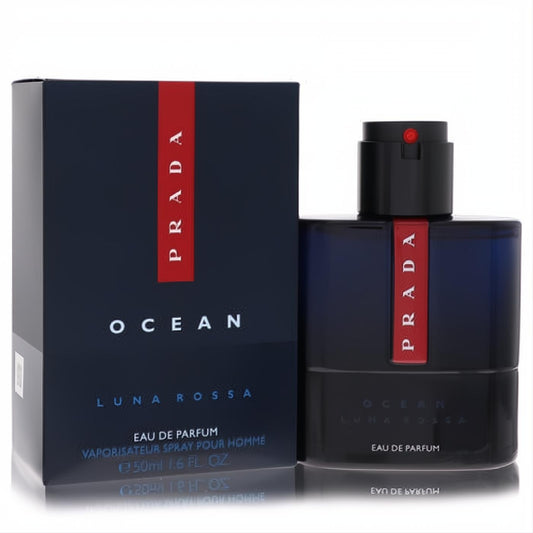 Prada Luna Rossa Ocean 1.7 oz Eau de Parfum. Striking dark blue bottle with signature red stripe and elegant matching box.