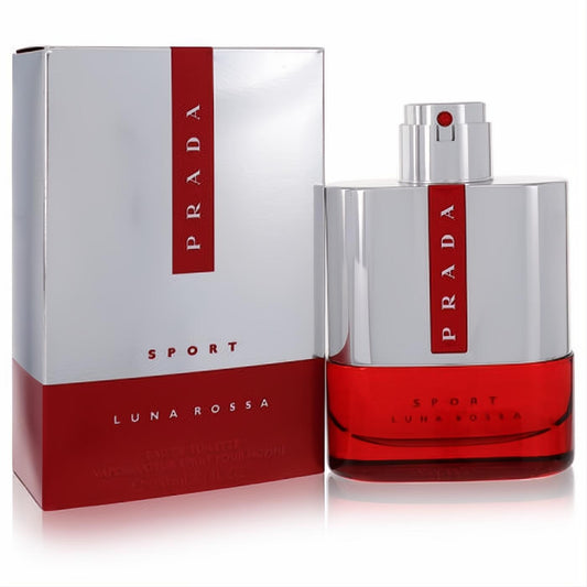 Prada Luna Rossa Sport 3.4 oz EDT. Bold silver and red bottle with sleek metallic accents and matching luxury packaging.