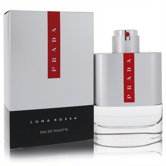 Prada Luna Rossa 3.4 oz EDT for men. Sleek silver and clear bottle with iconic red stripe, displayed with its elegant white and black box.