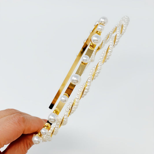 Discover this exquisite set of two precious gold pearl headbands. Features a classic spaced design and an elegant twisted pearl band.