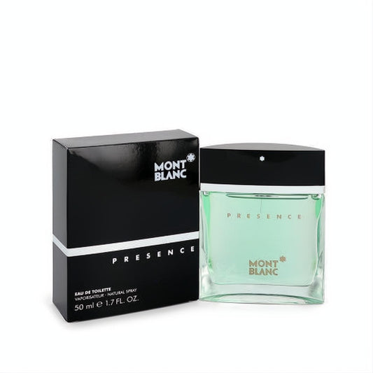Presence by Mont Blanc EDT 1.7 oz. Elegant clear glass bottle with refreshing green fragrance, beside its sleek black box.