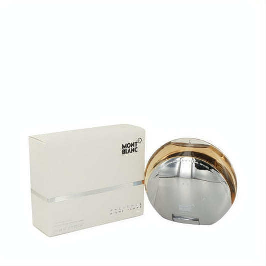 Mont Blanc Presence Eau De Toilette. Sleek spherical bottle with amber liquid and silver base, beside its elegant cream box.