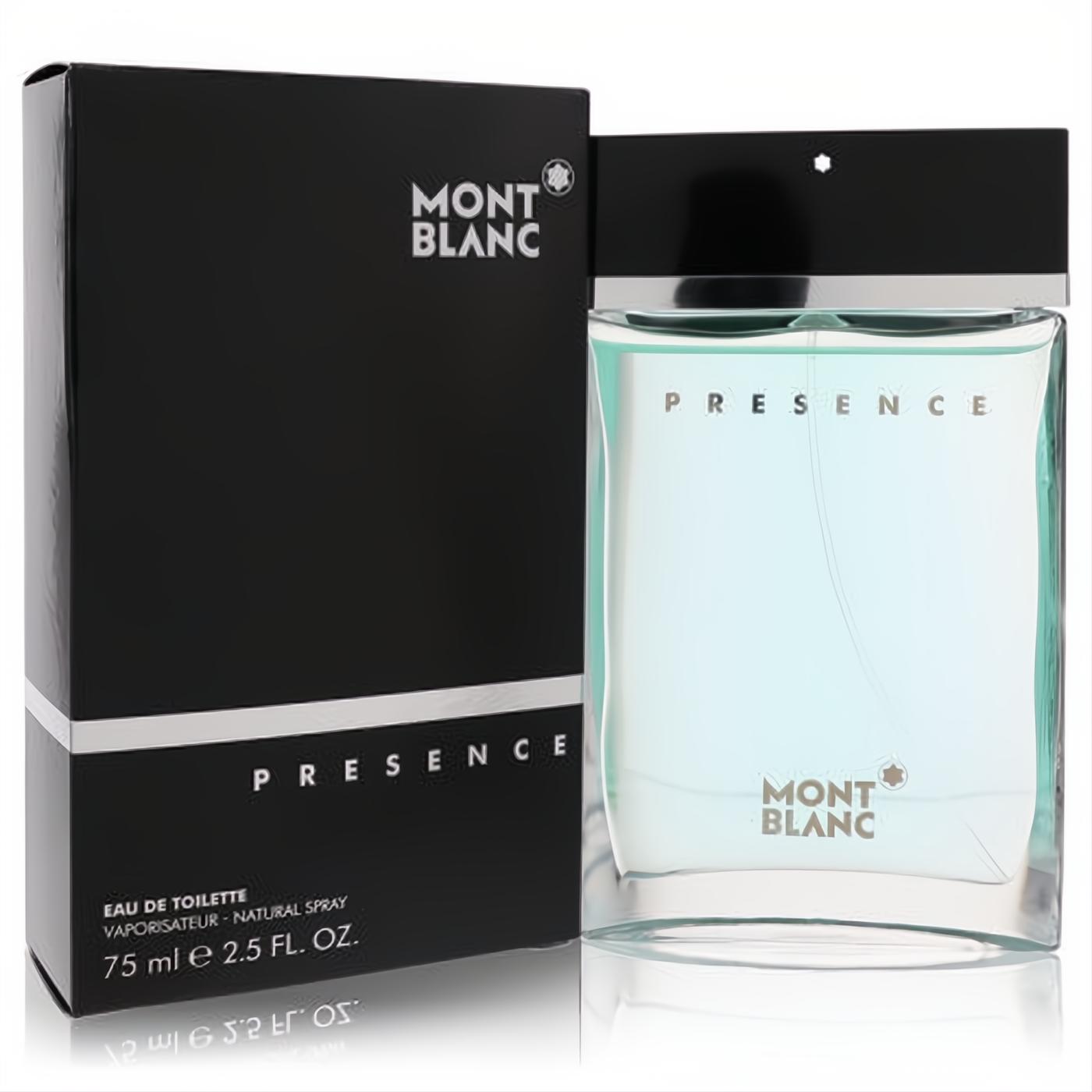 Mont Blanc Presence men's eau de toilette, 2.5 oz. Sleek clear glass bottle with light blue fragrance and elegant black packaging.