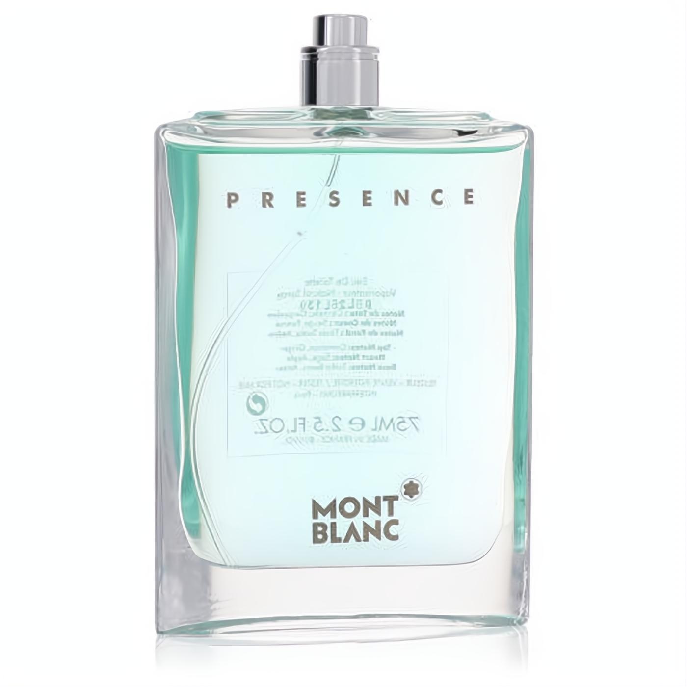 Elevate your presence with Mont Blanc Presence 2.5 oz men's EDT tester. Sleek clear glass bottle, refreshing blue liquid, silver cap.