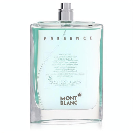 Elevate your presence with Mont Blanc Presence 2.5 oz men's EDT tester. Sleek clear glass bottle, refreshing blue liquid, silver cap.