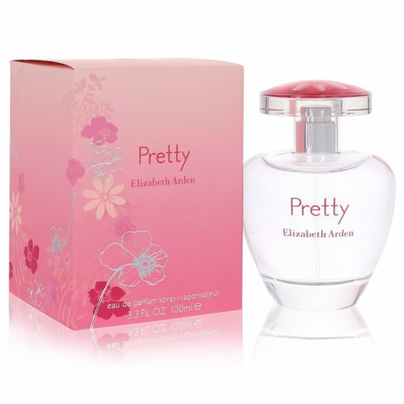 Pretty by Elizabeth Arden 3.3 oz EDP. Clear glass bottle with a distinctive pink floral cap, paired with its beautiful pink floral gift box.