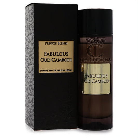 Luxurious Chkoudra Paris Fabulous Oud Cambodi 3.3 oz EDP spray. Dark brown glass bottle with a gold label, next to its elegant black patterned box.