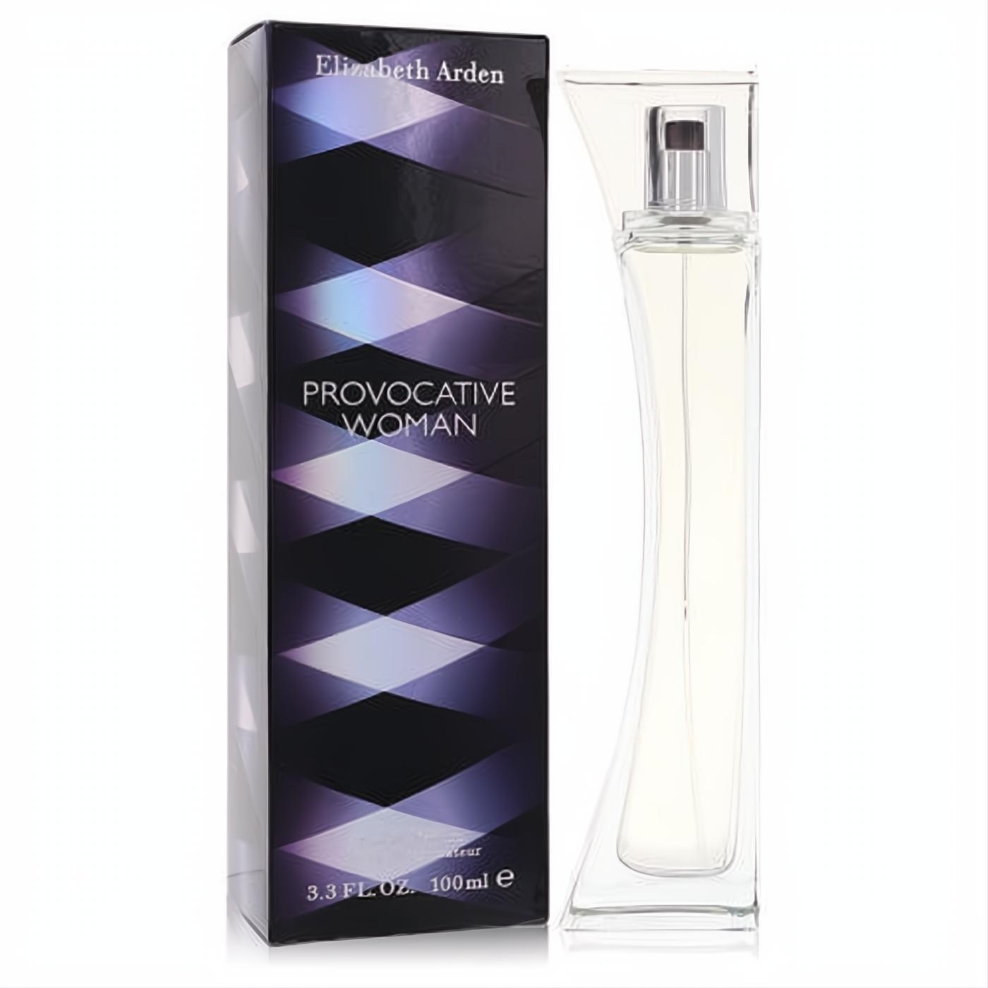 Provocative Woman Elizabeth Arden 3.3 oz EDP. Elegant clear curved glass bottle and its striking dark purple geometric box.