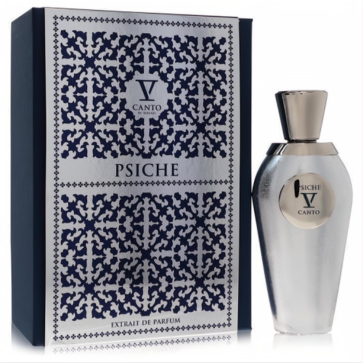 Psiche V by V Canto unisex extrait de parfum. Sleek silver metallic bottle and luxurious navy box with ornate silver design.
