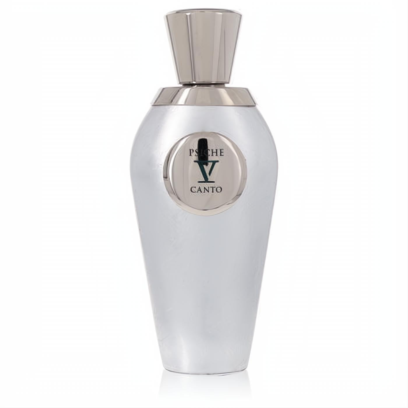 Psiche V by Canto 3.38 oz extrait de parfum in a sleek pearlescent white bottle with a radiant silver cap.