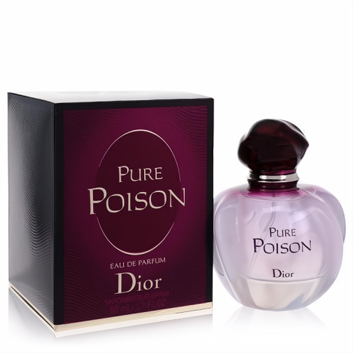 Pure Poison Dior 1.7 oz EDP in an elegant pearlescent bottle with a dark sculpted cap, next to its luxurious plum and gold box.