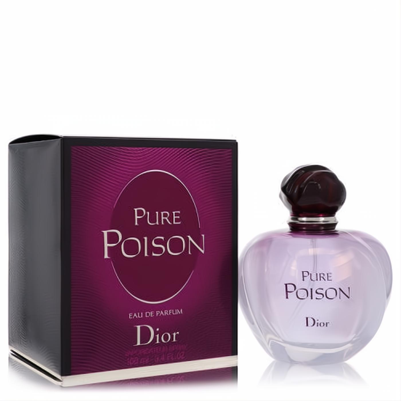 Pure Poison by Dior 3.4 oz EDP. Captivating pearlescent lavender bottle with a dark, sculpted cap and elegant magenta box.