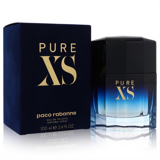 Paco Rabanne Pure XS men's 3.4 oz EDT. Sleek blue ombre bottle and luxurious dark navy box for a captivating fragrance.