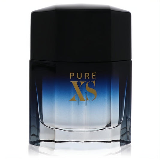 Paco Rabanne Pure XS men's Eau De Toilette. Sleek dark blue ombre glass bottle, gold "PURE XS" logo, and bold black angular cap.