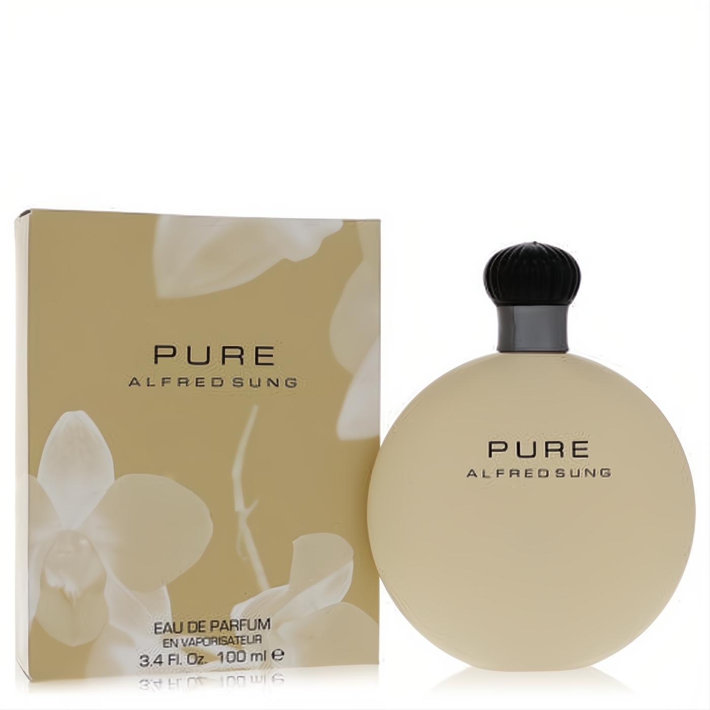 Sophisticated Pure by Alfred Sung 3.4 oz EDP spray. Features a round cream bottle, textured black cap, and elegant orchid box.