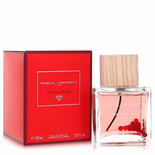 Purple Ruby by Pascal Morabito 3.2 fl.oz. perfume. Clear glass bottle with pink liquid, wood cap, red berries, and a vibrant red box.