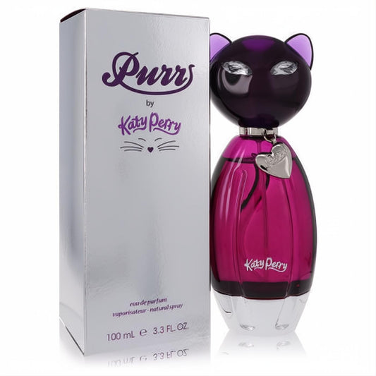 Katy Perry Purr 3.4 oz Eau de Parfum spray. Iconic magenta cat bottle with purple head, silver charm, and elegant silver box.