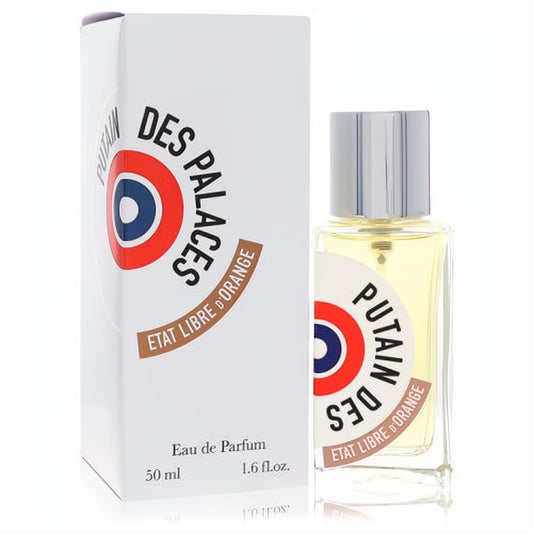 Etat Libre D'Orange Putain Des Palaces 1.6 oz Eau de Parfum. Clear glass bottle, sleek silver cap, white box, distinctive red/blue logo.