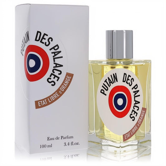 Putain Des Palaces 3.4 oz Eau de Parfum. Clear glass bottle with silver cap, bold red, white, blue logo, and elegant white box.