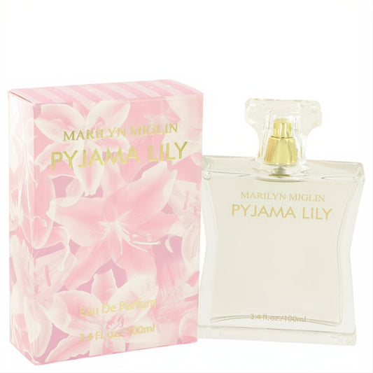 Marilyn Miglin Pyjama Lily 3.4 oz Eau De Parfum spray. Elegant clear glass bottle with gold accents and a beautiful pink floral box.