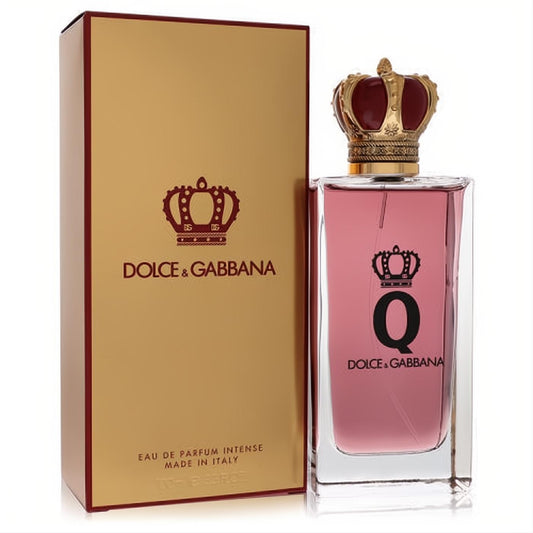 Q by Dolce & Gabbana 3.3 oz women's Eau De Parfum Intense. Clear bottle, rose liquid, regal gold crown cap, and elegant gold box.