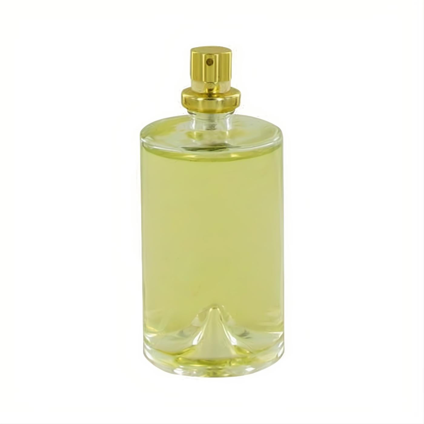 Molyneux Quartz 3.4 oz tester EDP. Clear cylindrical glass bottle with radiant yellow fragrance, gold sprayer, and unique concave base.