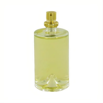 Molyneux Quartz 3.4 oz tester EDP. Clear cylindrical glass bottle with radiant yellow fragrance, gold sprayer, and unique concave base.
