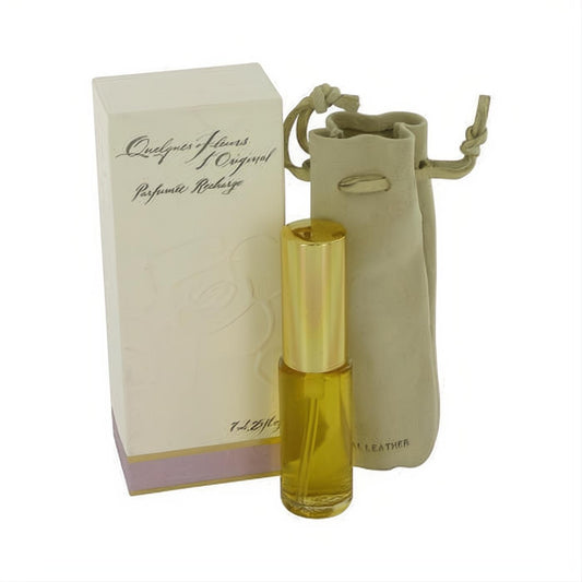 Quelques Fleurs .25 oz pure perfume refill set: elegant gold-capped bottle, refined box, and luxurious real leather pouch.