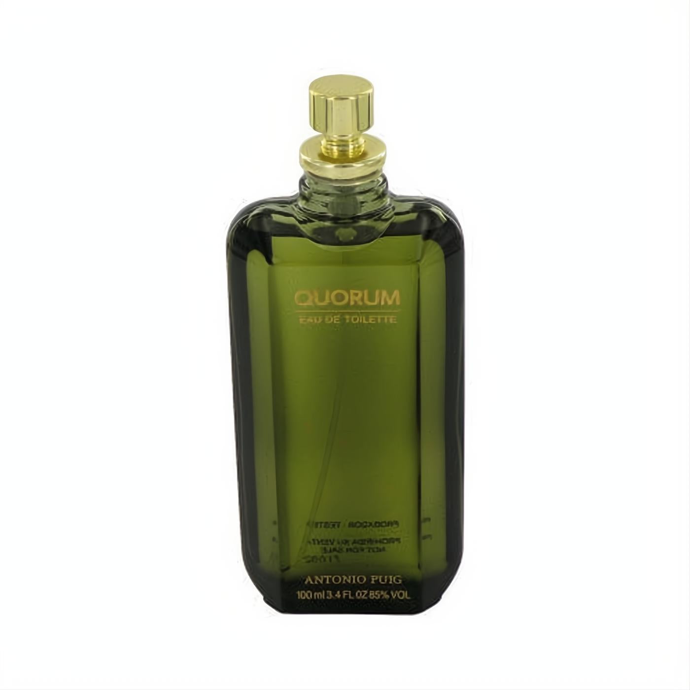 Quorum by Antonio Puig 3.4 oz Eau de Toilette spray. Masculine dark green glass bottle with a sleek gold cap.