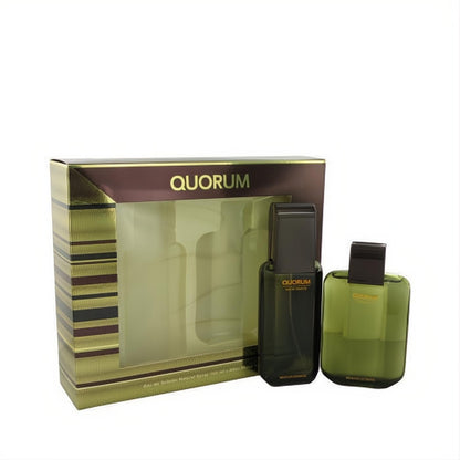Quorum by Antonio Puig 3.3 oz EDT & After Shave gift set. Luxurious gold box, dark green spray, olive after shave.