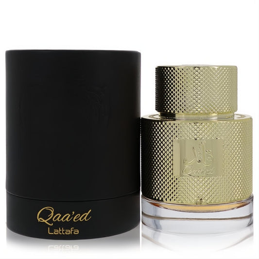 Elegant Qaa'ed Lattafa 3.4 oz unisex EDP. Features a luxurious gold textured bottle and sleek black cylindrical packaging.
