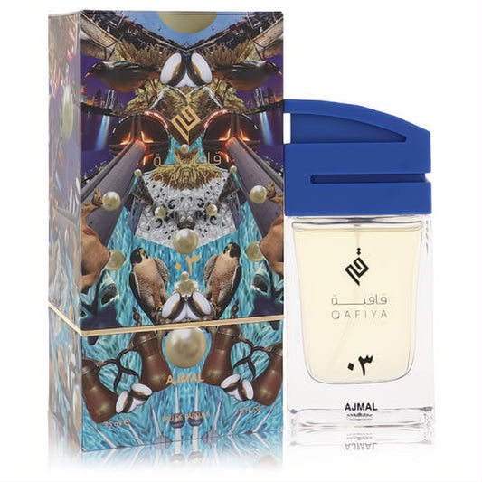 Qafiya 03 Ajmal unisex EDP. Clear 2.5 oz bottle with a bold royal blue cap, beside its luxurious, falcon-themed box.