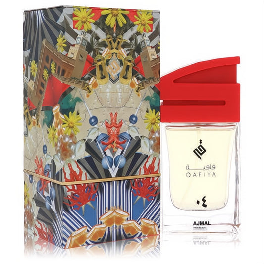 Qafiya 04 Ajmal unisex eau de parfum. Clear bottle with a striking red cap, paired with its vibrant, art-patterned box.