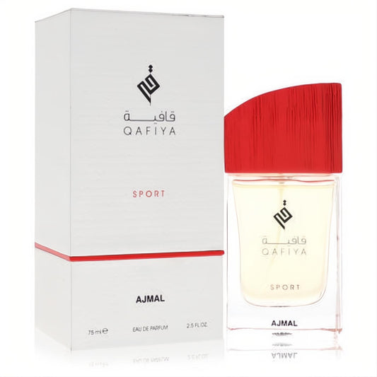 Qafiya Sport Ajmal 2.5 oz men's EDP. Clear glass bottle with bold red ribbed cap, presented with its sleek white and red branded box.