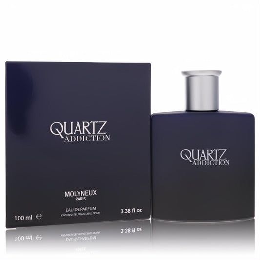 Discover Quartz Addiction Molyneux 3.4 oz Eau De Parfum. Sleek dark blue bottle, silver cap, and elegant box.