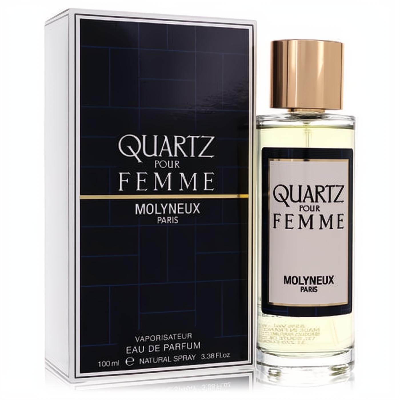 Elegant Quartz Pour Femme Molyneux 3.4 oz EDP spray. Clear bottle, gold cap, black & beige label, with matching white & black box.