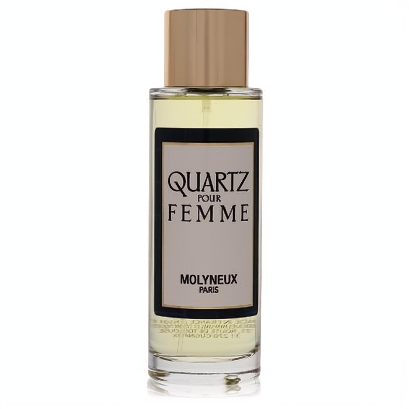Quartz Pour Femme Molyneux EDP spray bottle, clear glass with a gold cap and classic beige label.