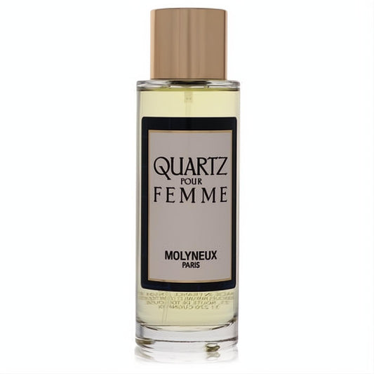 Quartz Pour Femme Molyneux EDP spray bottle, clear glass with a gold cap and classic beige label.