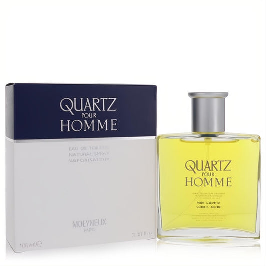 Molyneux Quartz Pour Homme 3.4 oz EDT. Clear glass bottle with bright yellow liquid, silver cap, and matching blue/white box.**