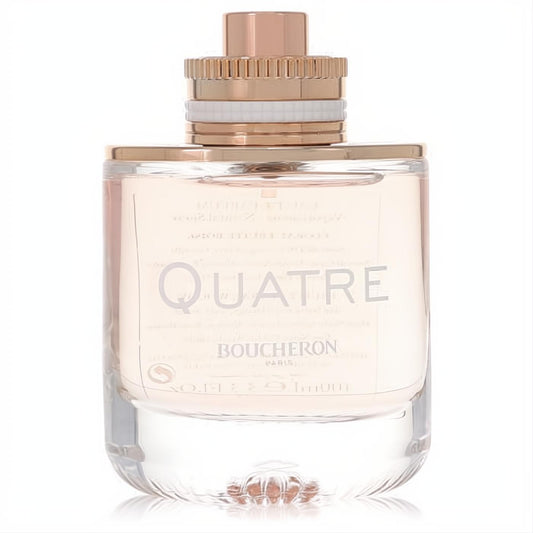Captivating Boucheron Quatre 3.3 oz women's EDP spray. Clear glass bottle with delicate pink liquid and a chic rose gold cap.