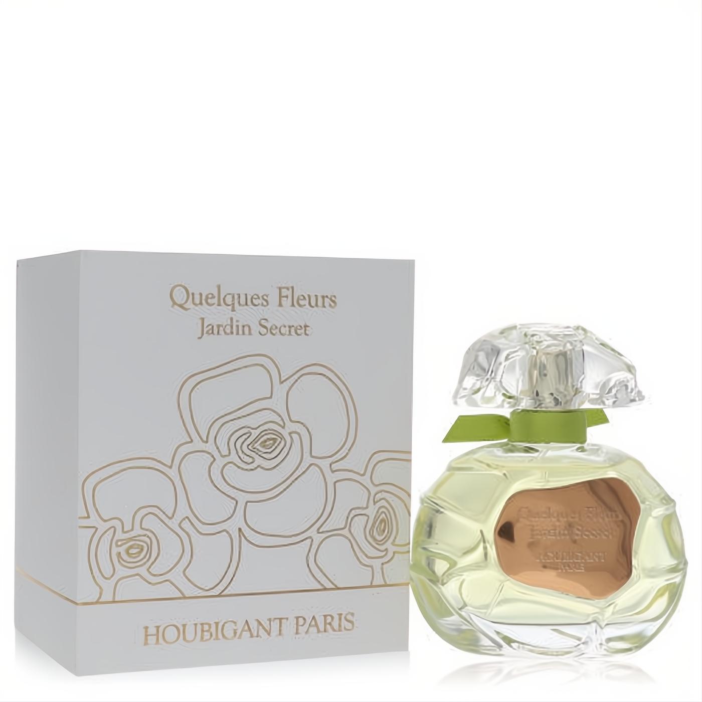 Luxurious Houbigant Quelques Fleurs Jardin Secret 3.4 oz EDP. Ornate clear bottle with green ribbon, beside a white box with gold rose design.
