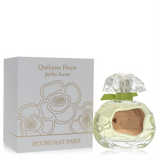 Luxurious Houbigant Quelques Fleurs Jardin Secret 3.4 oz EDP. Ornate clear bottle with green ribbon, beside a white box with gold rose design.