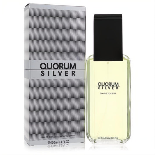 Puig Quorum Silver 3.4 oz Eau De Toilette. Clear glass spray bottle with black cap and sleek silver textured box.