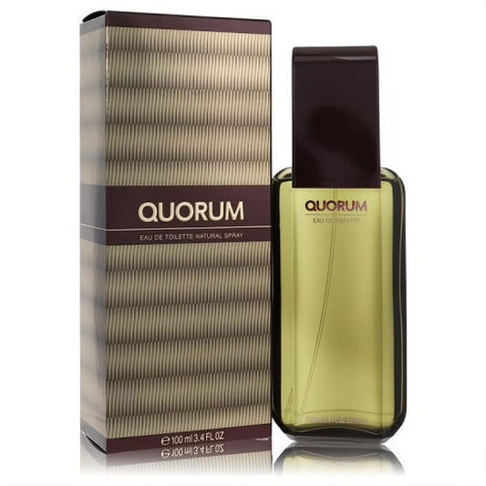 Quorum 3.4 oz men's EDT spray: a sophisticated clear glass bottle with olive liquid, dark cap, and elegant textured brown box.