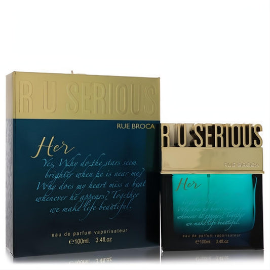 Luxurious R U Serious Her Rue Broca 3.4 oz women's perfume. Features a gold embossed cap, vibrant teal bottle, and matching box.