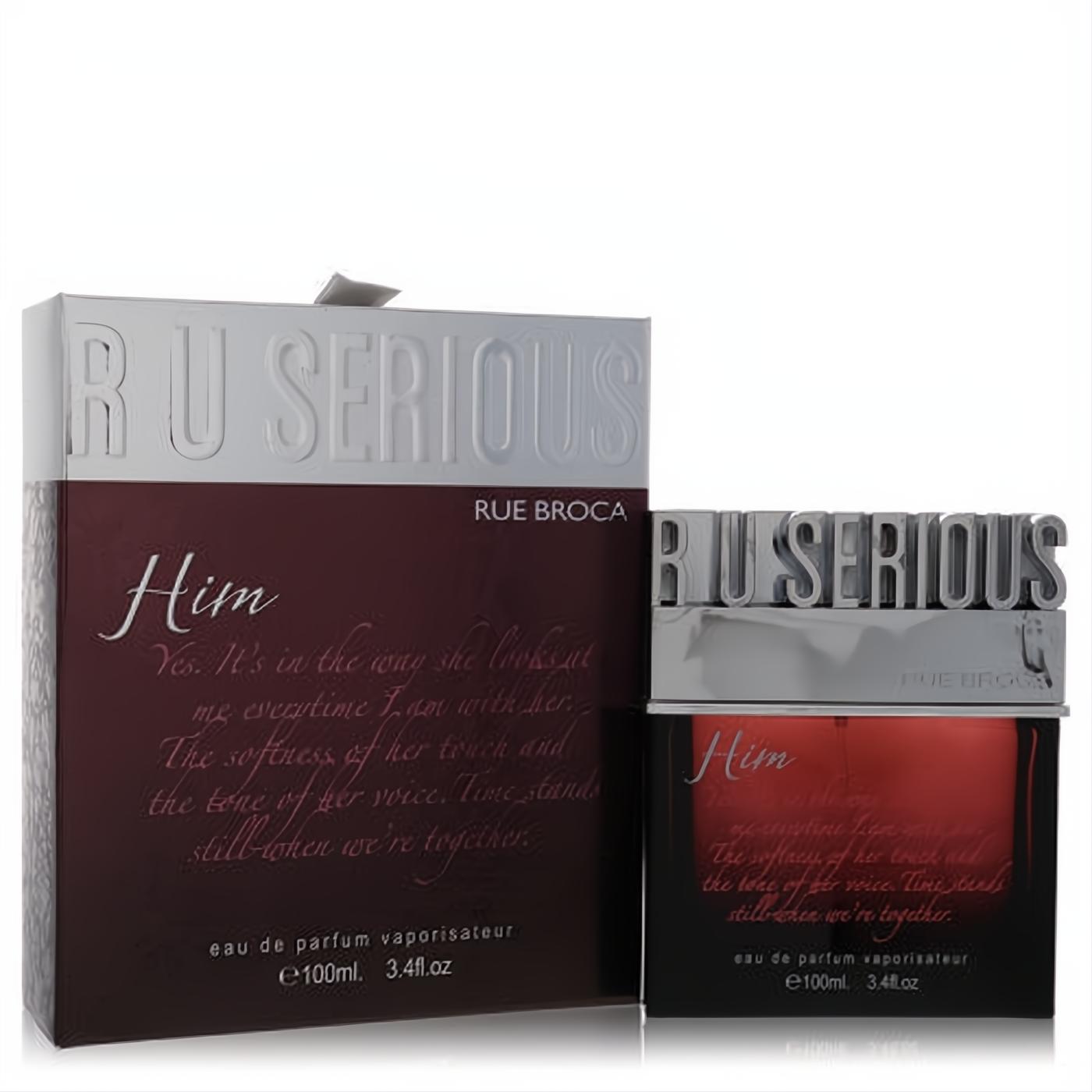 Elegant R U Serious Him by Rue Broca 3.4 oz Eau De Parfum for men. Features a rich burgundy bottle with a bold silver cap and matching box.